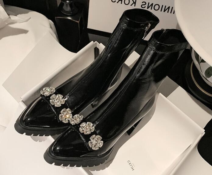 Womens Fashion Pointy Toe Diamante Flowers Ankle Boots Pumps High Heels Shoes