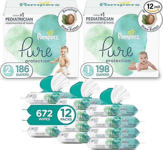 Pampers Pure Protection Disposable Baby Diapers Starter Kit (2 Month Supply), Sizes 1 (198 Count) & 2 (186 Count) with Aqua Pure Sensitive Wipes, 12X Pop-Top Packs (672 Count)