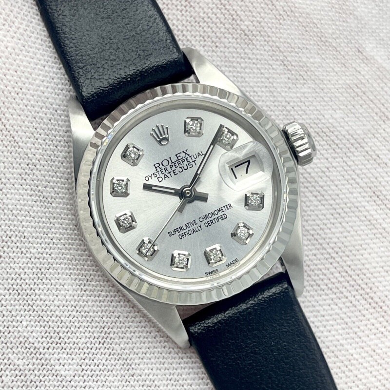 Rolex Datejust Ladies 26mm 6917 Silver Diamond Dial Fluted White Gold Leather