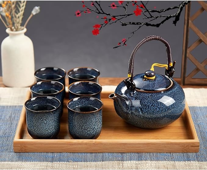 DUJUST Japanese Tea Set for 6, Kiln Altered Glaze Porcelain Tea Set with 1 Teapot, 6 Tea Cups & 1 Tea Tray, Unique Chinese Tea Set for Adults/Tea Lovers/Women/Men, Blue